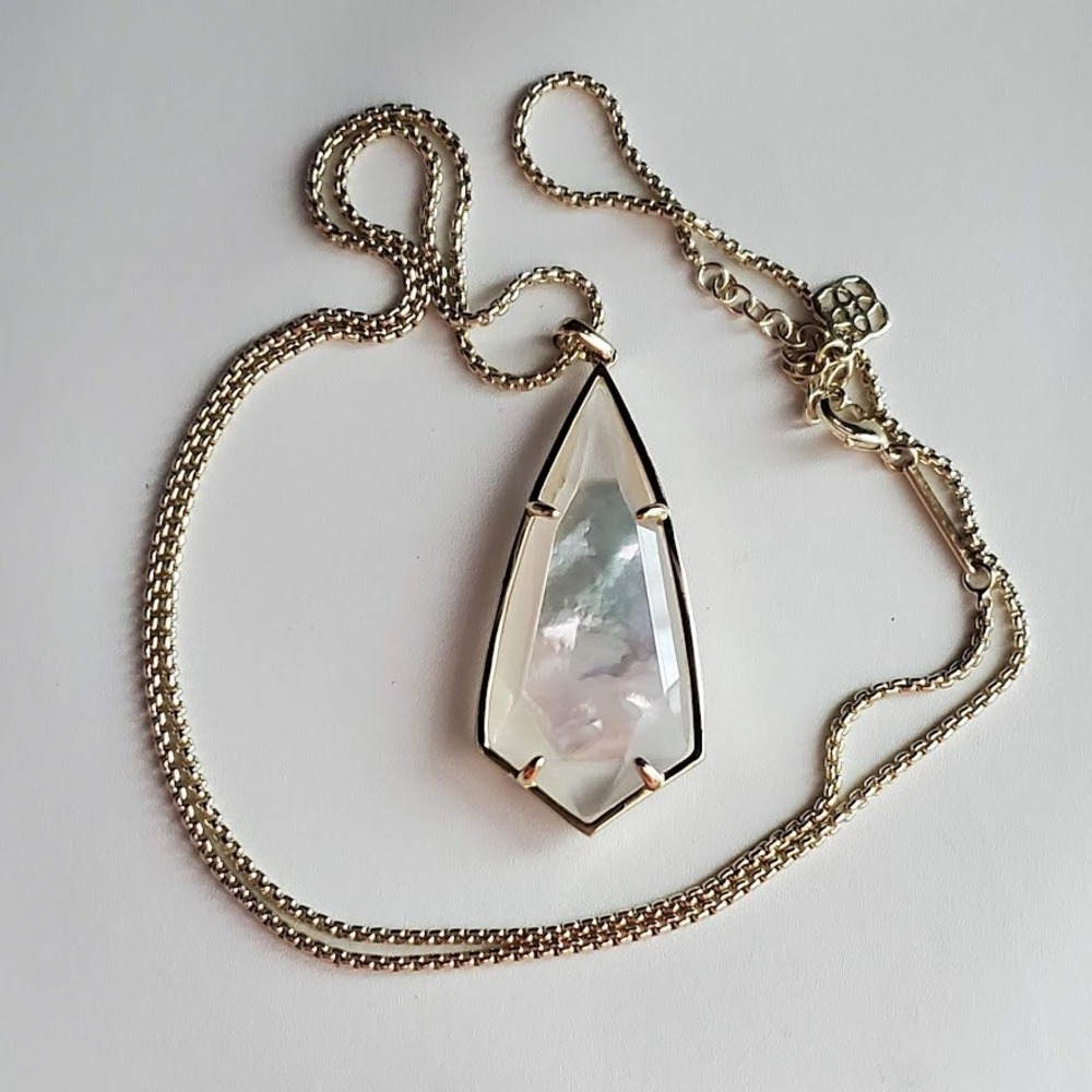 Kendra Scott Carole Long Pendant Necklace Gold Tone Iridescent Mother of Pearl